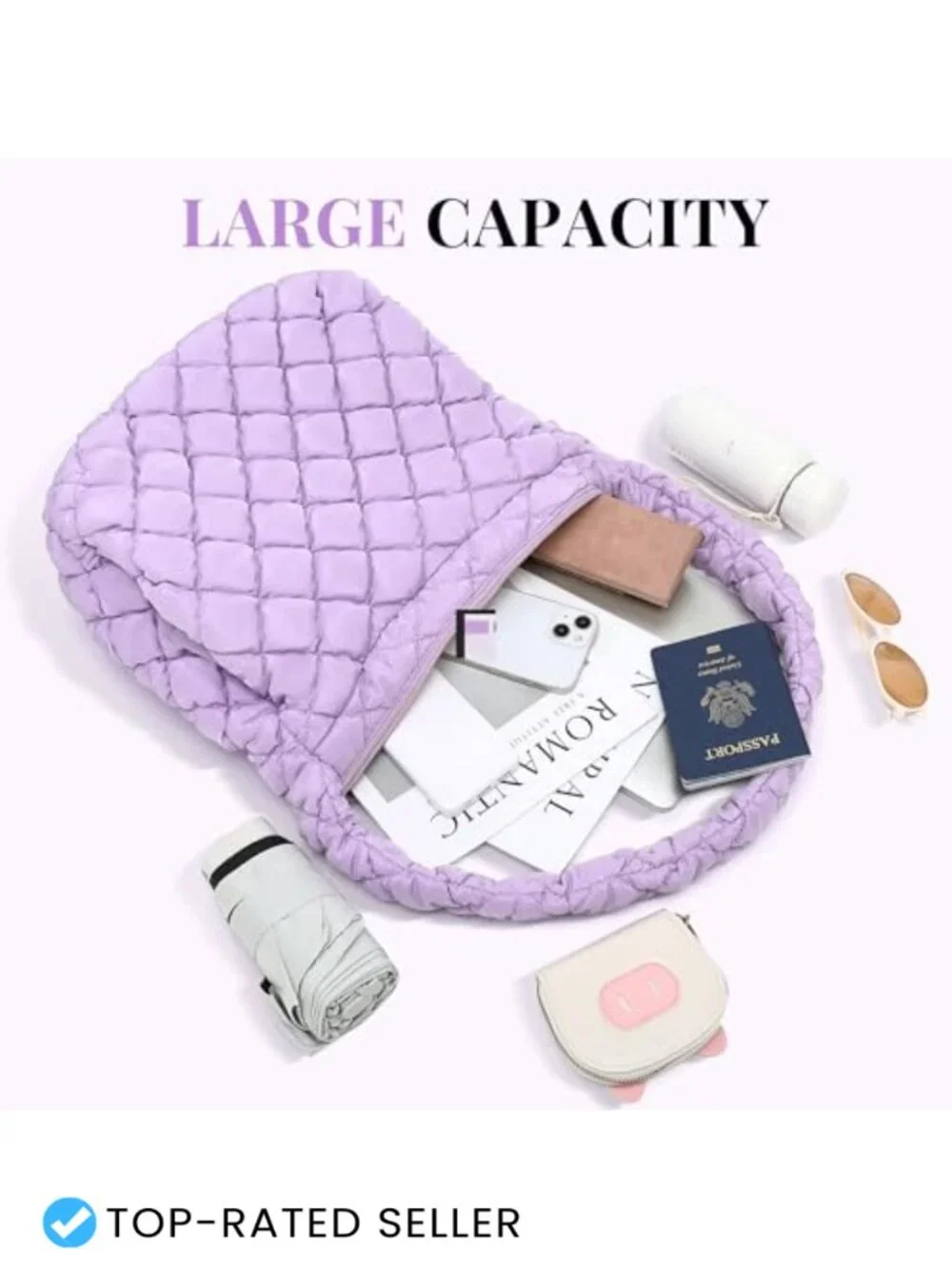 Large Quilted Puffer Tote Bag with Zipper, Nylon Waterproof Lightweight Carryall